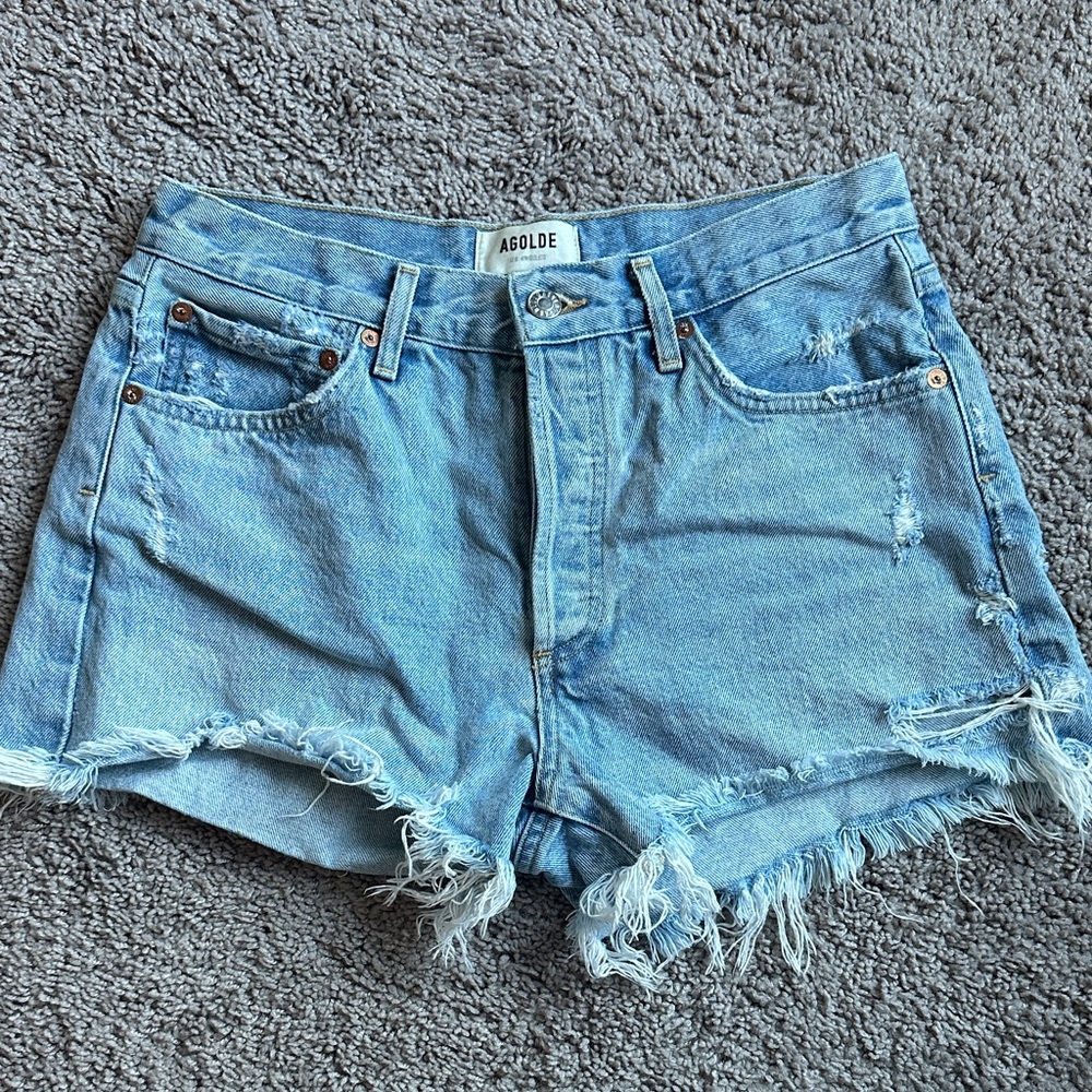 Agolde Light Blue Distressed Jean Shorts